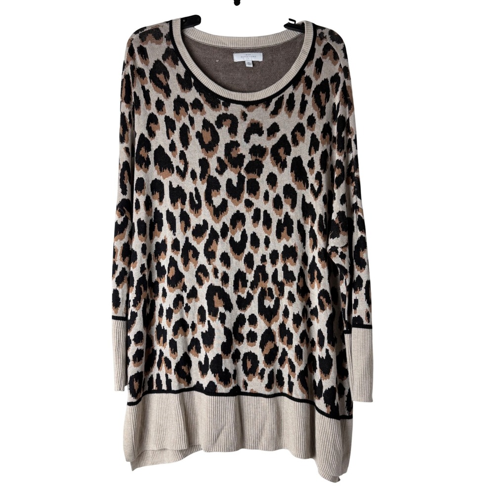 New Directions Sweater Tunic‎ Womens XL Tan Leopard Print Rayon Long Sleeve